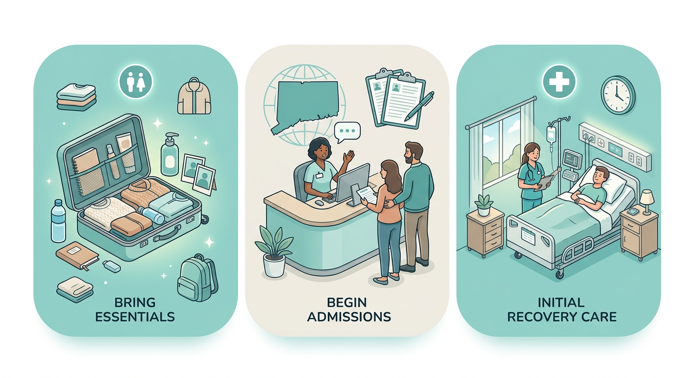 Three-step process flow for starting detox treatment in Connecticut: what to bring, start admissions, and first 24 hours.