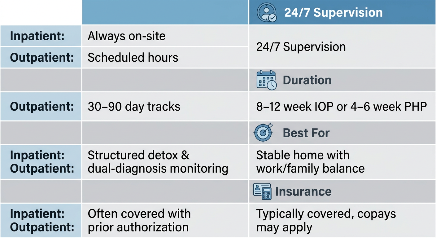 Comparison table of inpatient and outpatient levels of care for mental health and addiction treatment in Connecticut