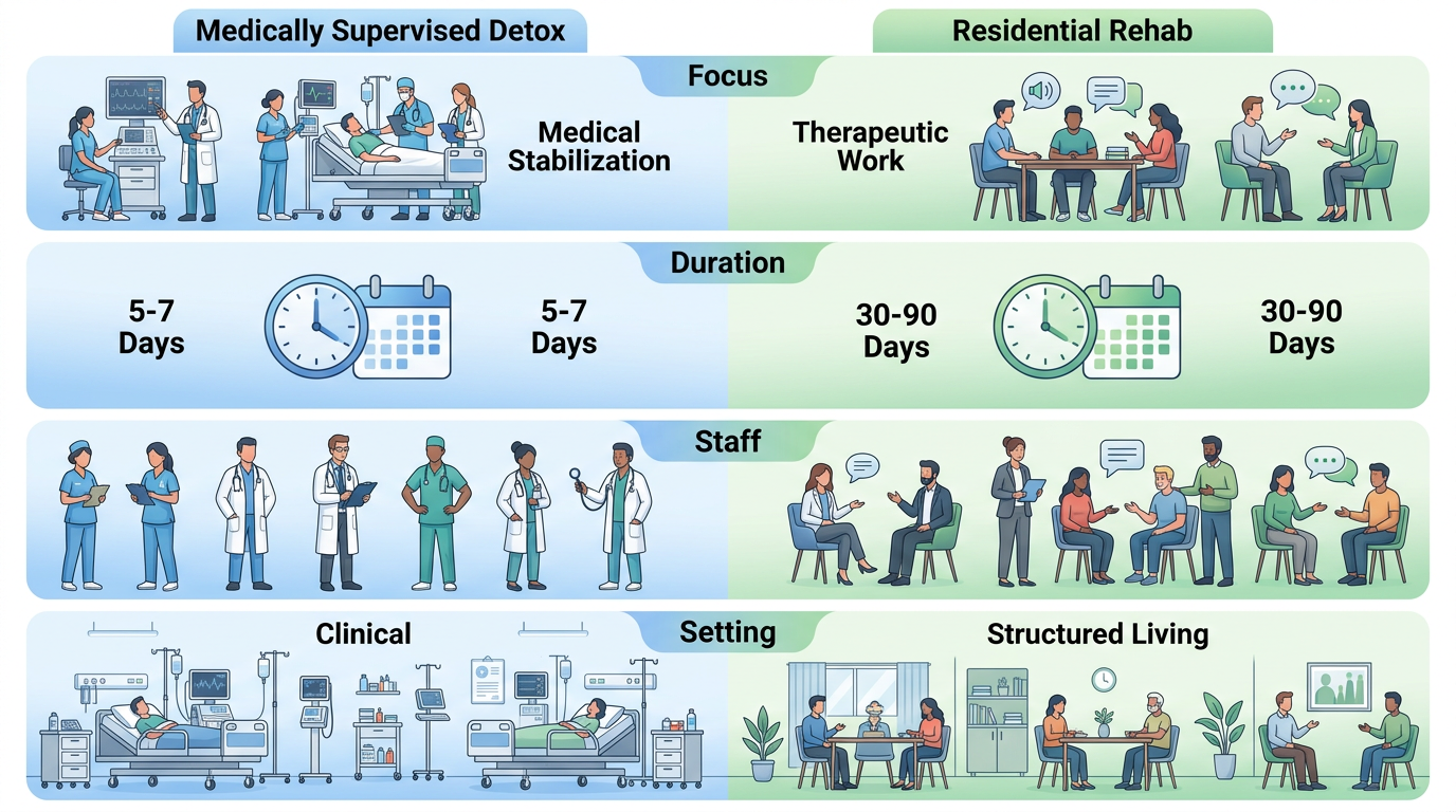 Medical illustration style infographic comparing detox and residential rehab across four dimensions with clean sans-serif labels and blue-green gradient accents