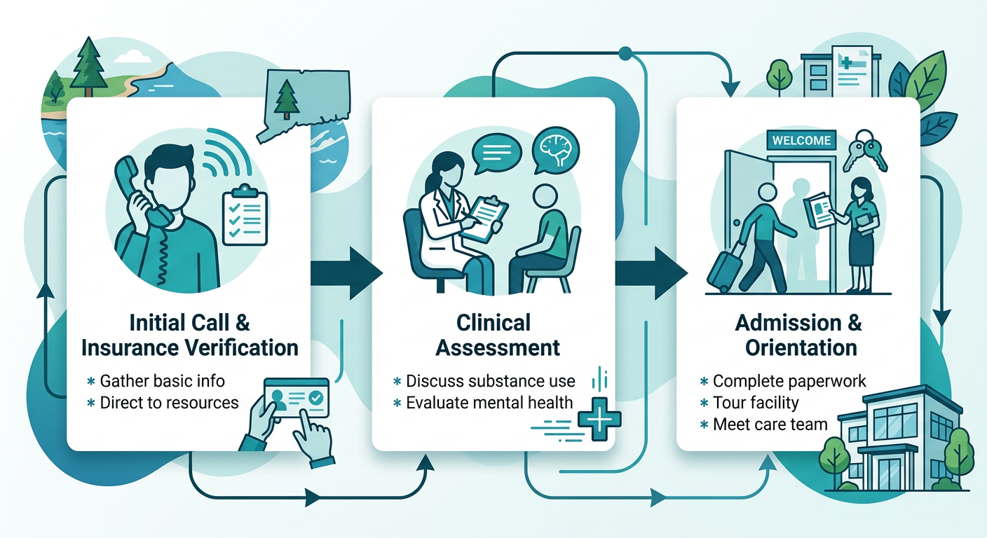 Three-step process flow showing intake and assessment at a Connecticut rehab center: Initial Call and Insurance Verification, Clinical Assessment, Admission and Orientation.