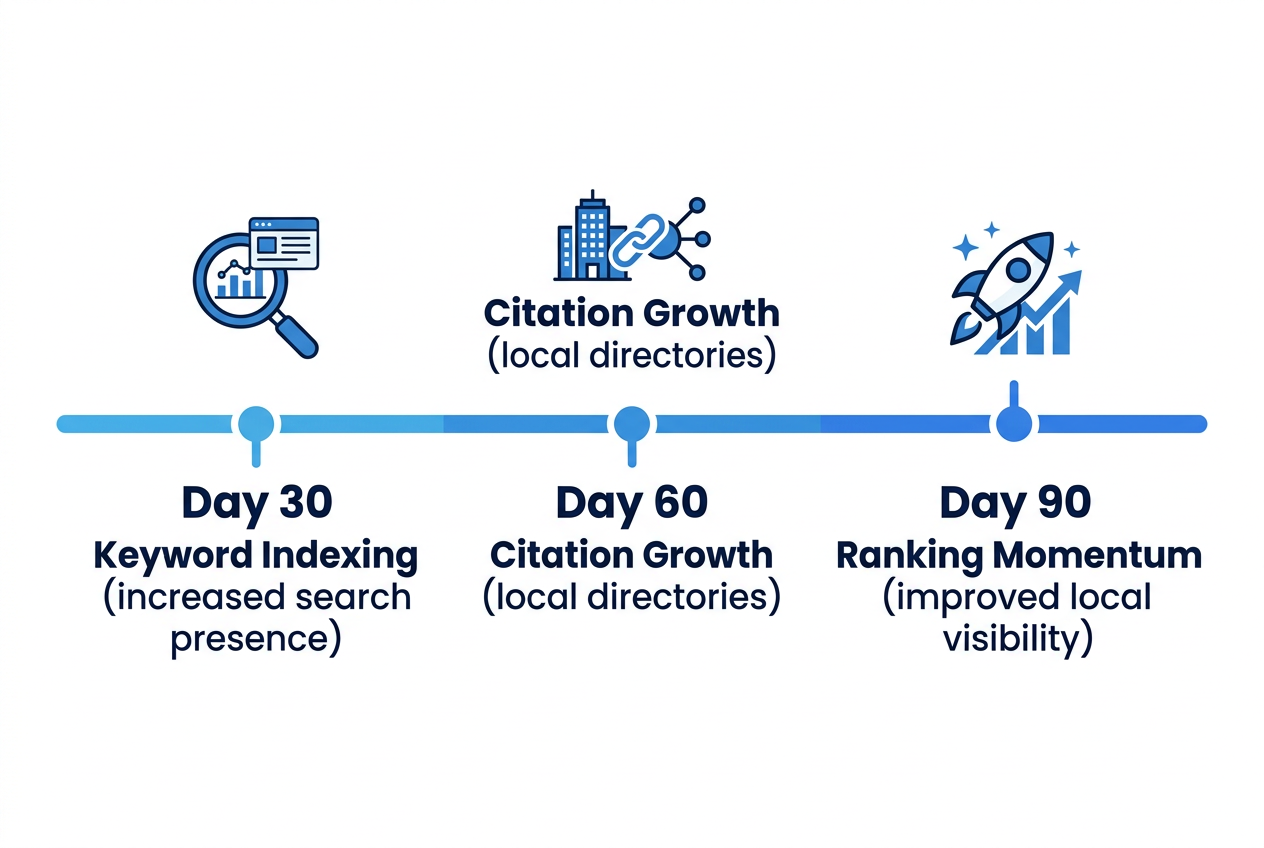 Horizontal timeline showing results for Miami SEO services: Day 30 Keyword Indexing, Day 60 Citation Growth, Day 90 Ranking Momentum