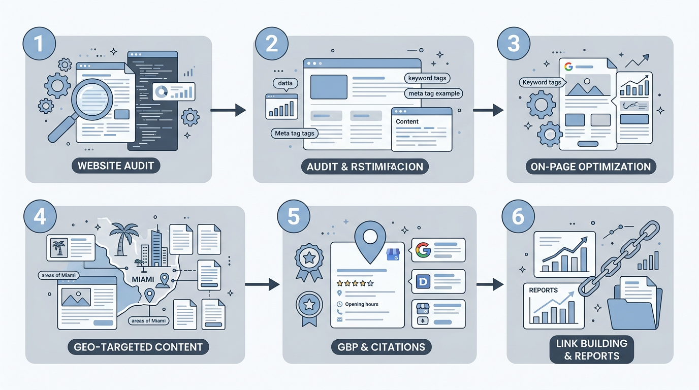 Five-step SEO campaign process flow for Miami small business