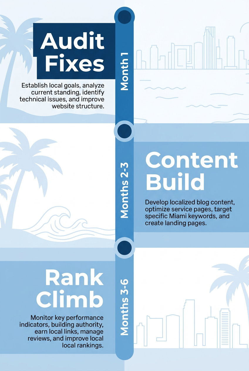 Vertical timeline showing three phases of local SEO campaign progress in Miami