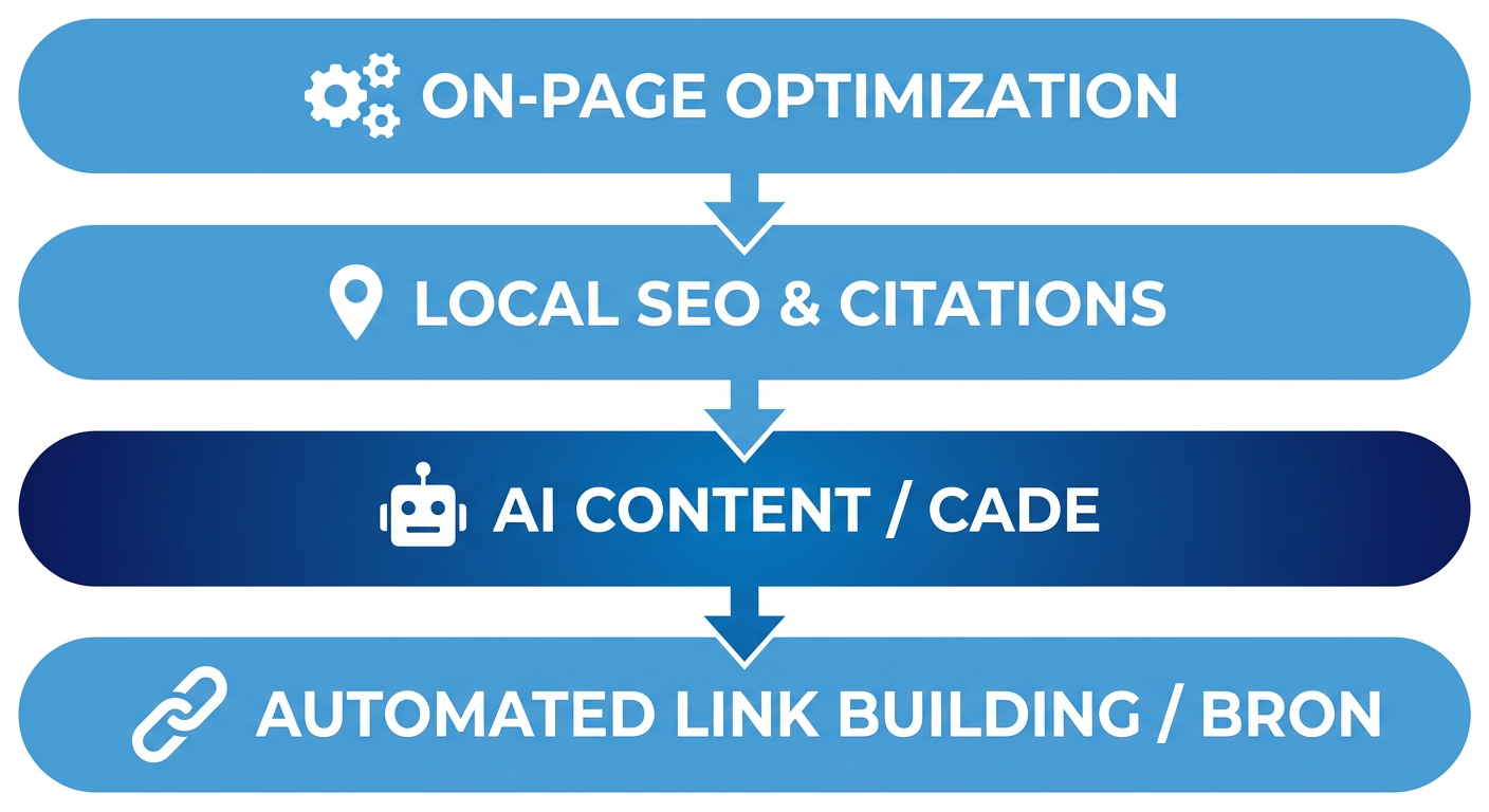 Vertical process flow diagram showing four stages of Miami SEO services: On-Page Optimization, Local SEO & Citations, AI Content Automation / CADE, and Automated Link Building / BRON, connected by downward arrows with icons.