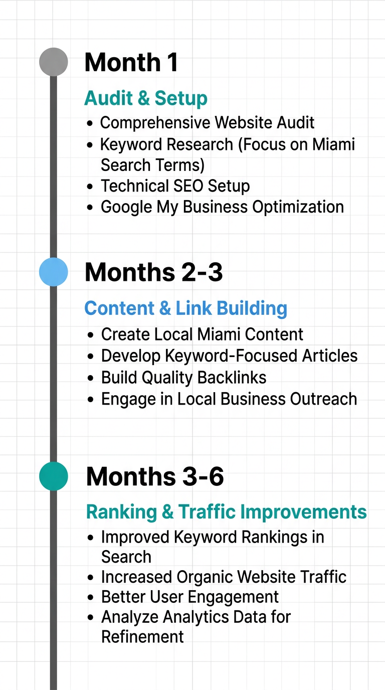 Vertical timeline infographic illustrating a realistic roadmap for SEO results in Miami