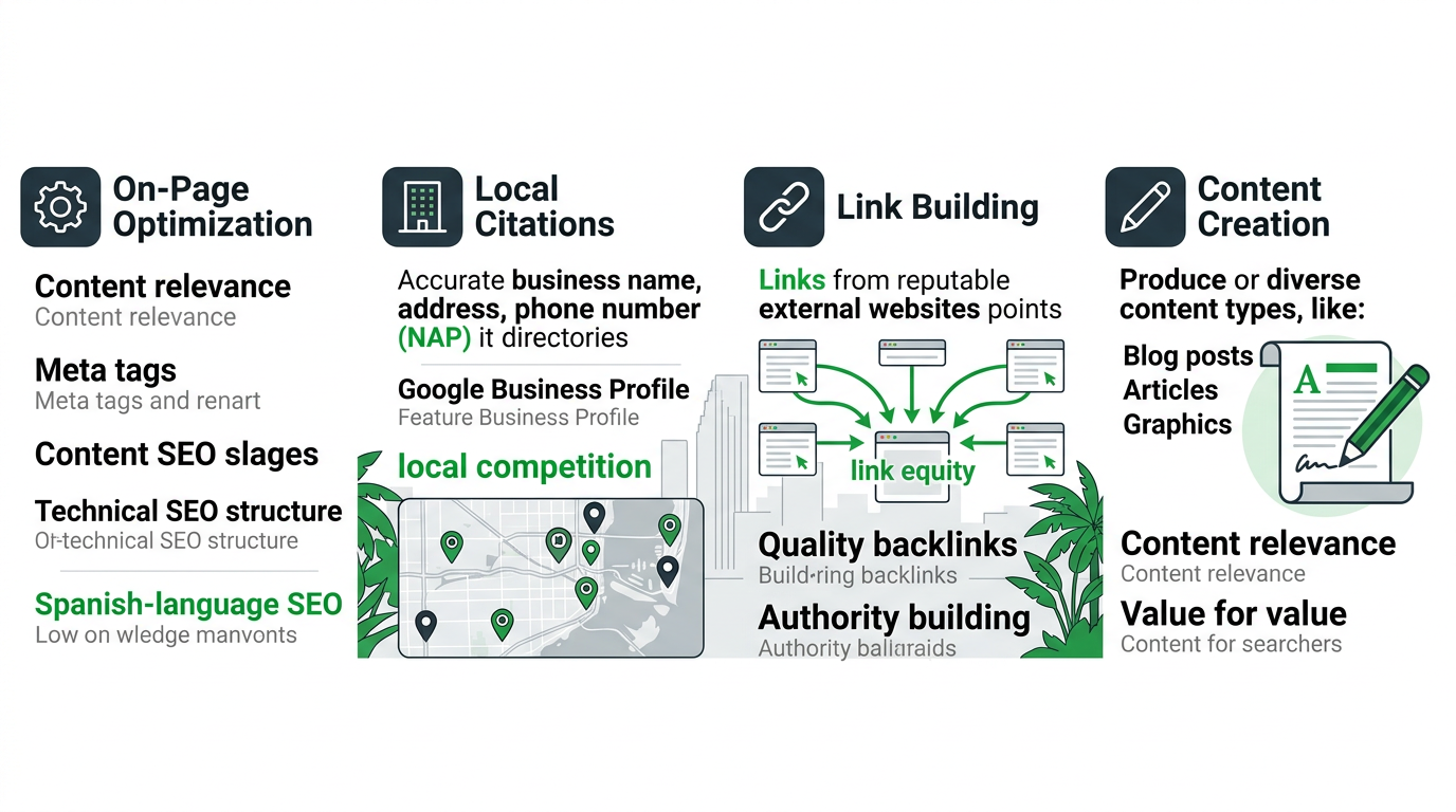 Infographic of core Miami SEO agency services with icons for on-page optimization, local citations, link building, and content creation