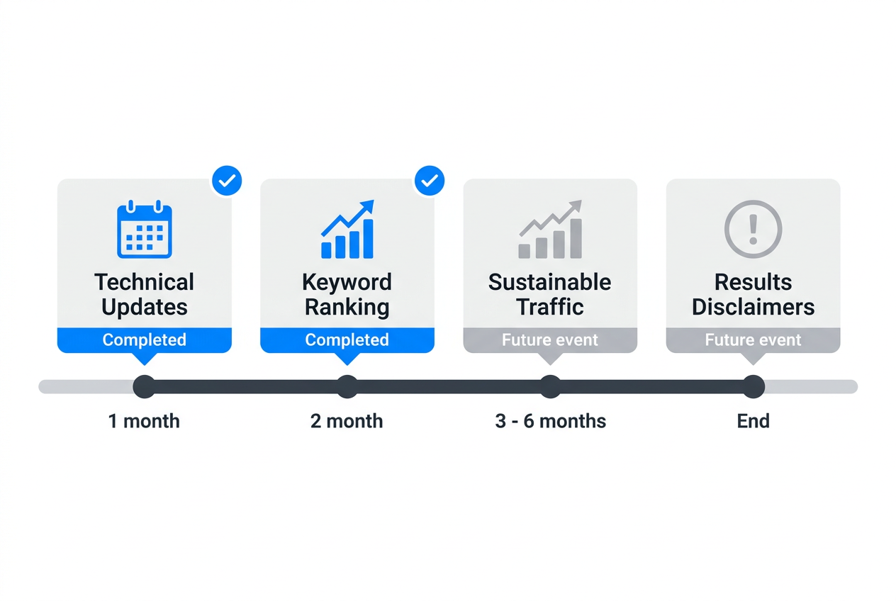 Miami local SEO results timeline showing technical optimizations at 30 days and sustainable ranking gains at 3-6 months