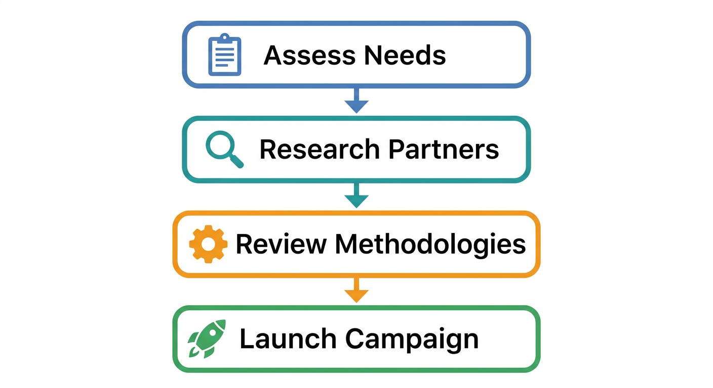 Vertical process flow: Assess Needs, Research Partners, Review Methodologies, Launch Campaign for Miami local SEO strategy selection