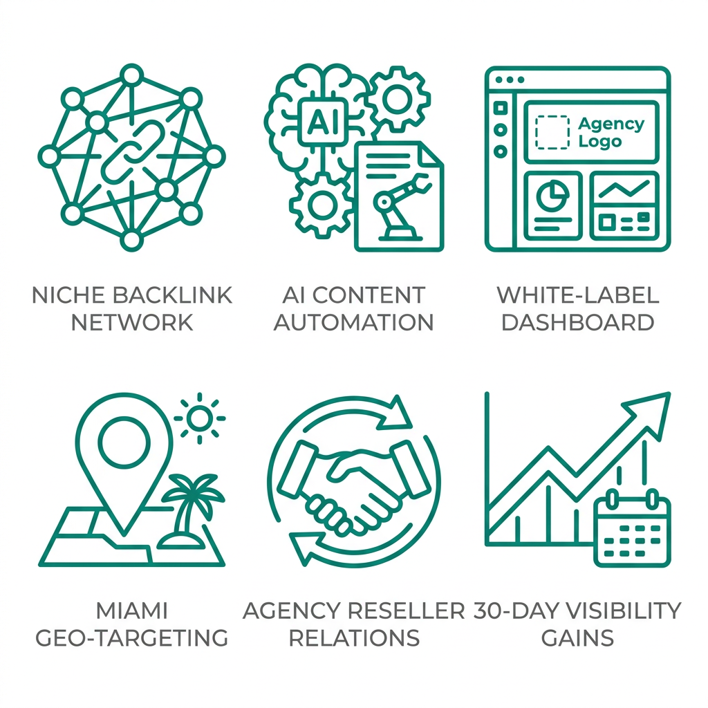 Icon set depicting six key differentiators for Miami SEO reselling: backlink network, content automation, white-label dashboard, map pin, handshake, and growth chart, all in teal lines on white.