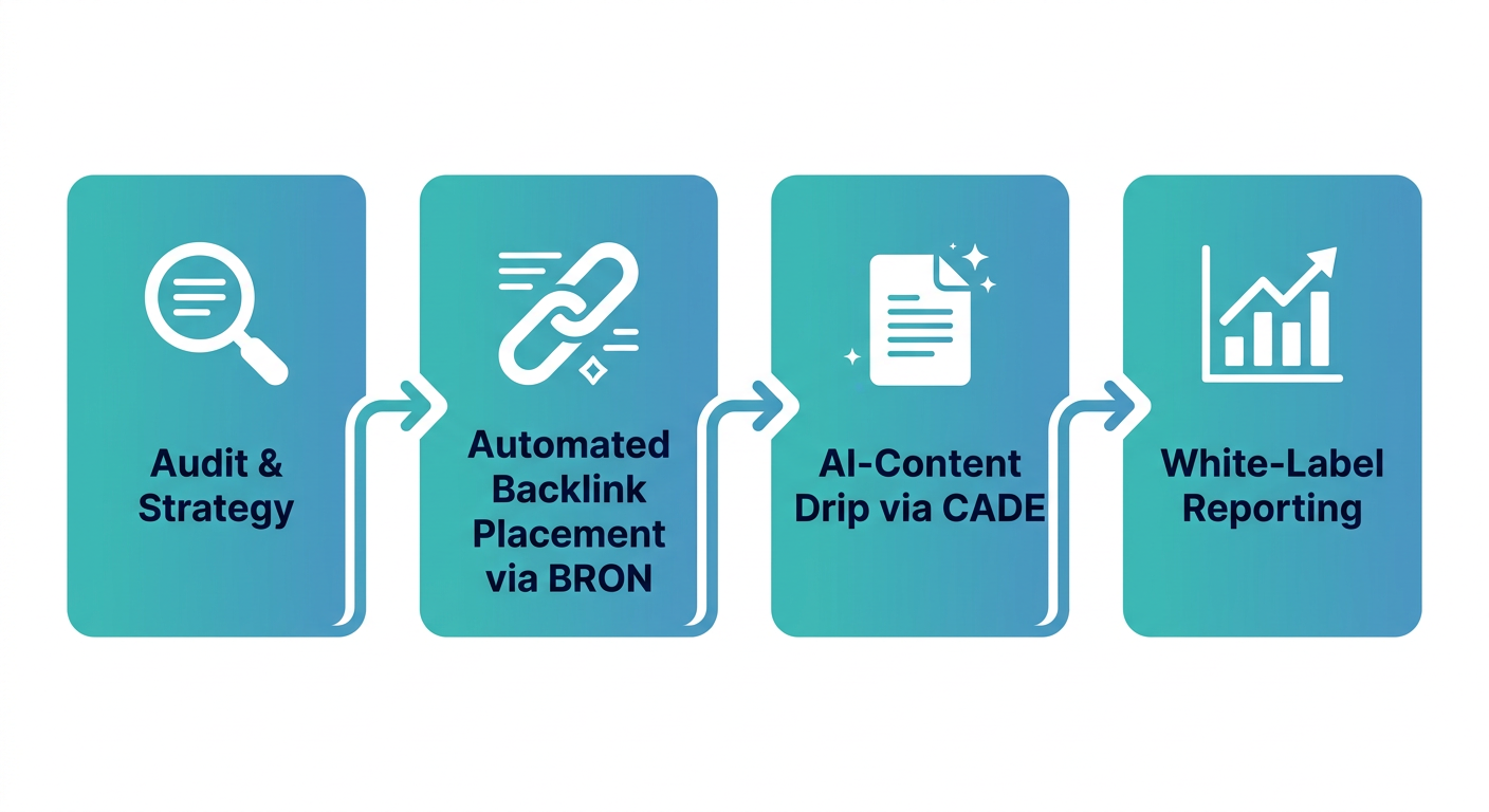 Miami local SEO process flow showing four connected steps: Audit & Strategy, Automated Backlink Placement via BRON, AI-Content Drip via CADE, and White-Label Reporting. Each step uses a teal-to-blue gradient card with white icons and dark navy labels, oriented horizontally.