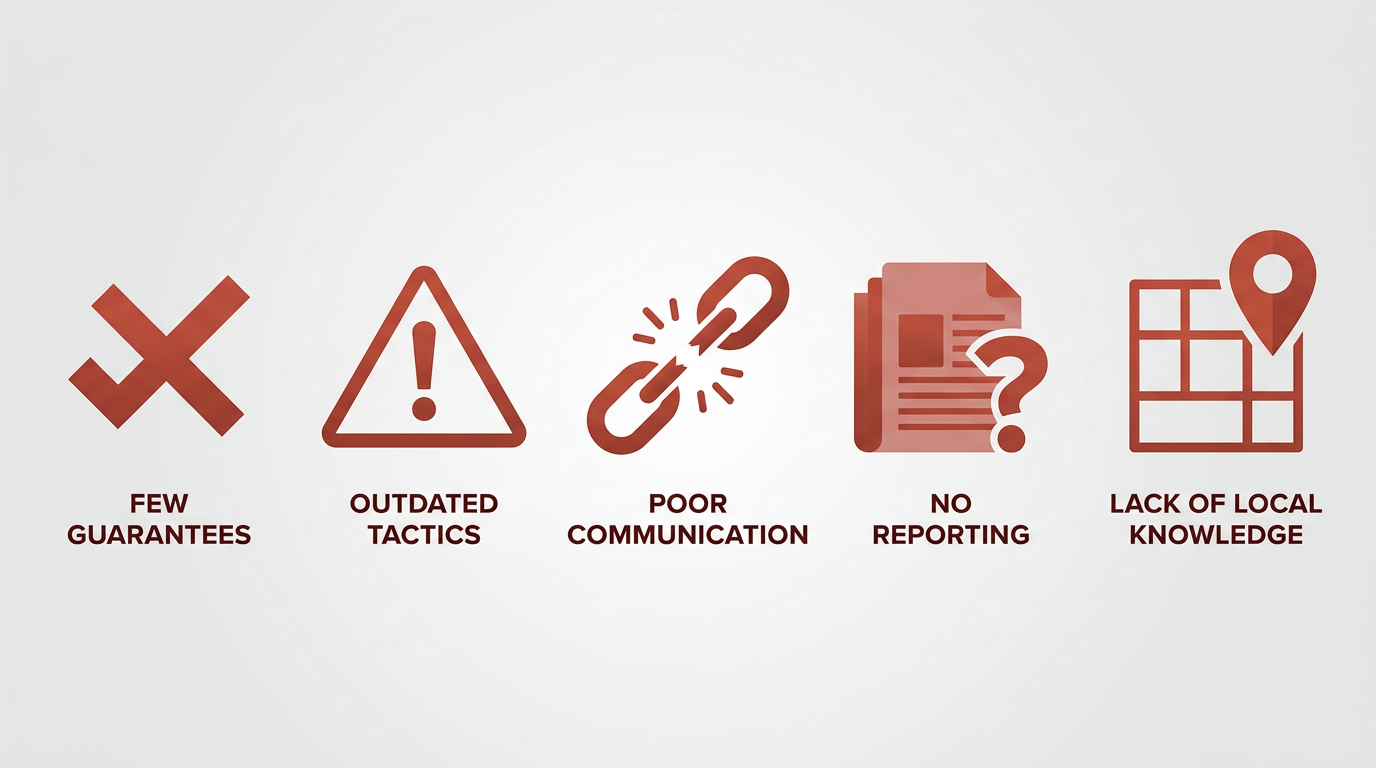 Five red flag icons in a horizontal row: false guarantees, outdated tactics, poor communication, no reporting, lack of local knowledge.