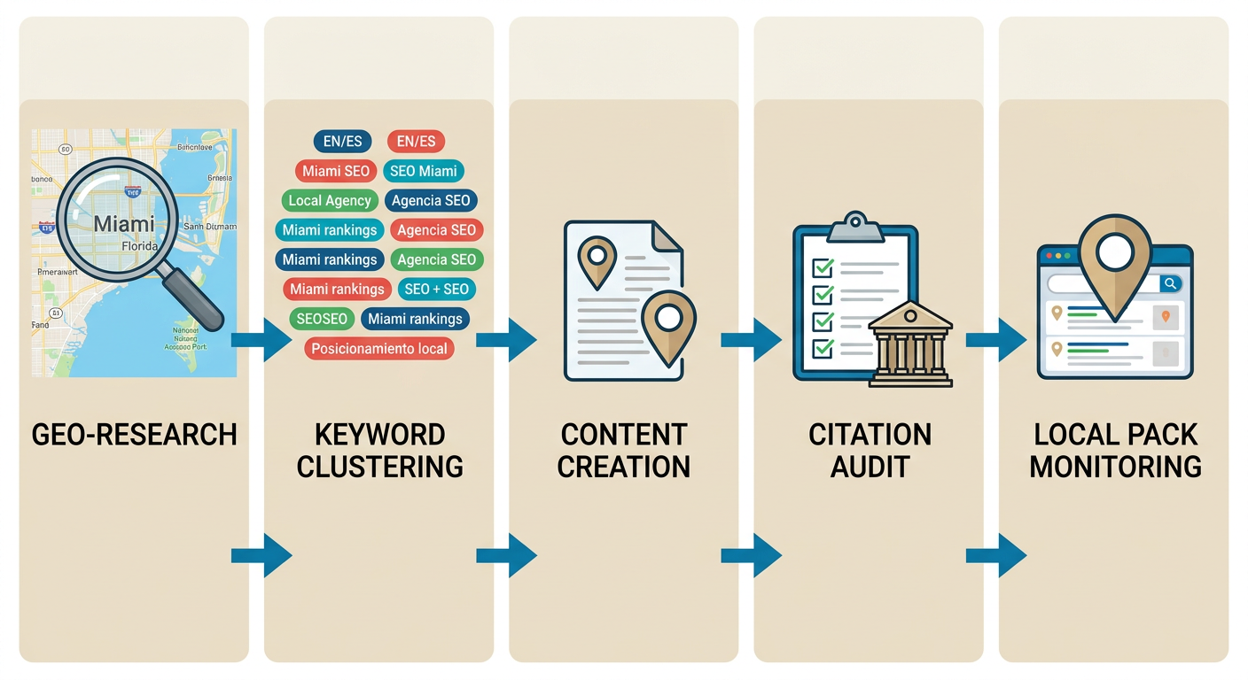 Horizontal workflow diagram of five connected stages showing neighborhood-level targeting process for Miami SEO with ocean blue and sand beige colors.