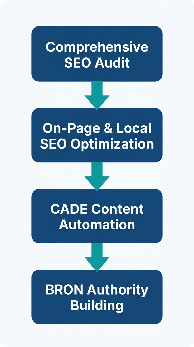 Vertical process flow diagram showing four steps for medical SEO success in Miami: Comprehensive SEO Audit, On-Page and Local SEO Optimization, CADE Content Automation, and BRON Authority Building.