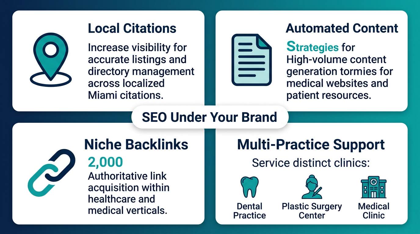 Professional medical SEO infographic for Miami: four white-label service cards with teal, navy, and white palette