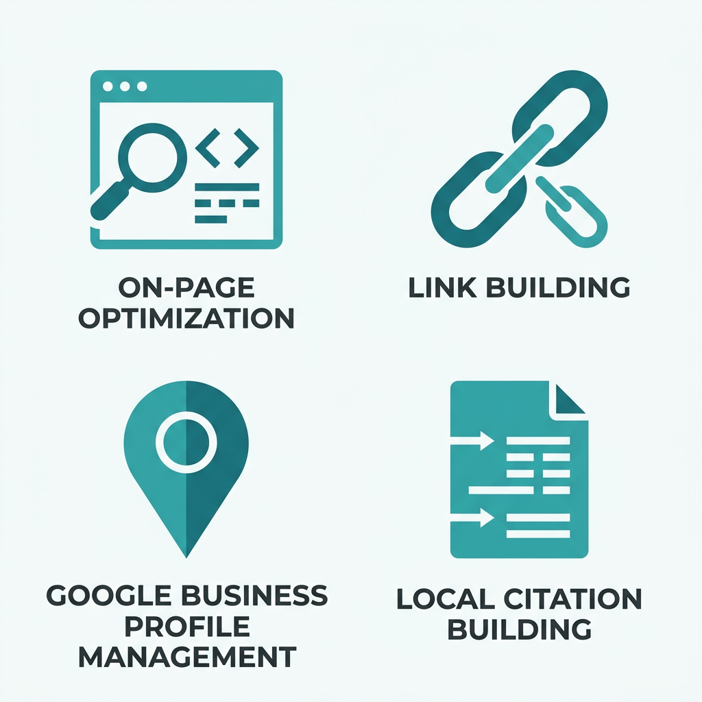 Four professional icons in a 2 by 2 grid: webpage, chain link, map pin, and document, all in teal with dark gray labels