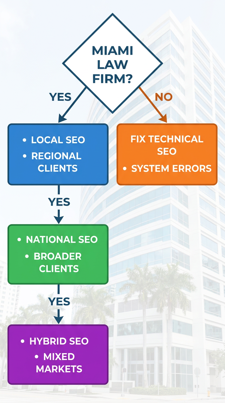 Vertical decision flowchart for a Miami law firm showing four SEO paths: local SEO, national SEO, hybrid SEO, or technical fix, each in a distinct color.