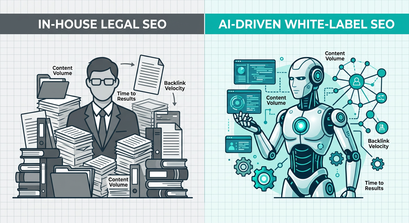Side-by-side comparison infographic of in-house law firm SEO versus AI-driven white-label SEO for Miami firms, with a person icon on the left in gray and a robot network icon on the right in teal.