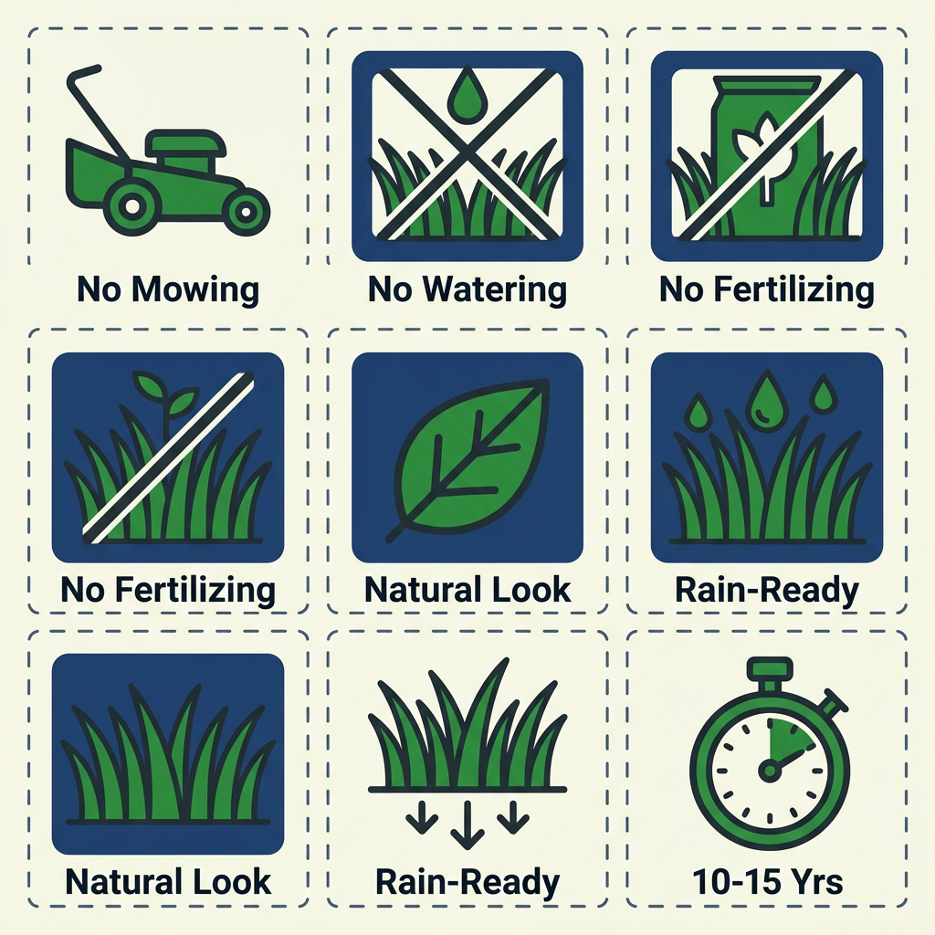 Icon grid of artificial grass benefits: no mowing, no watering, no fertilizing, natural look, rain-ready drainage, durable 10-15 year lifespan. Forest green and navy on cream background.