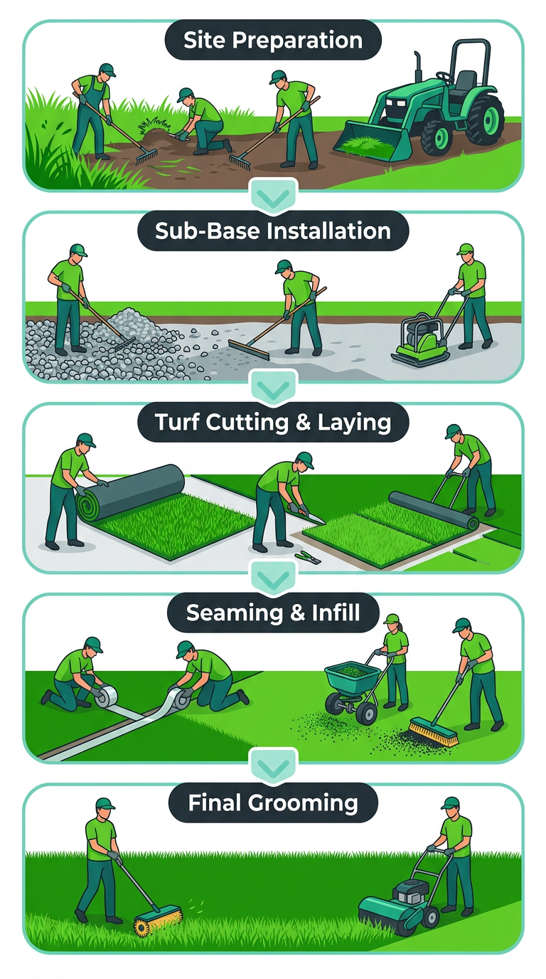 Five-step vertical process flow for artificial turf installation showing site preparation, sub-base installation, turf cutting and laying, seaming and infill, and final grooming stages.