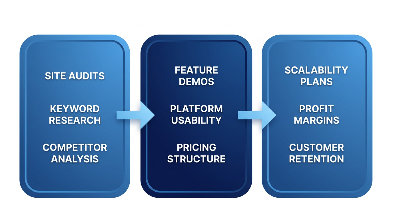 Horizontal three-step process flow for evaluating a white-label SEO platform, showing evaluation steps in blue gradient tones.