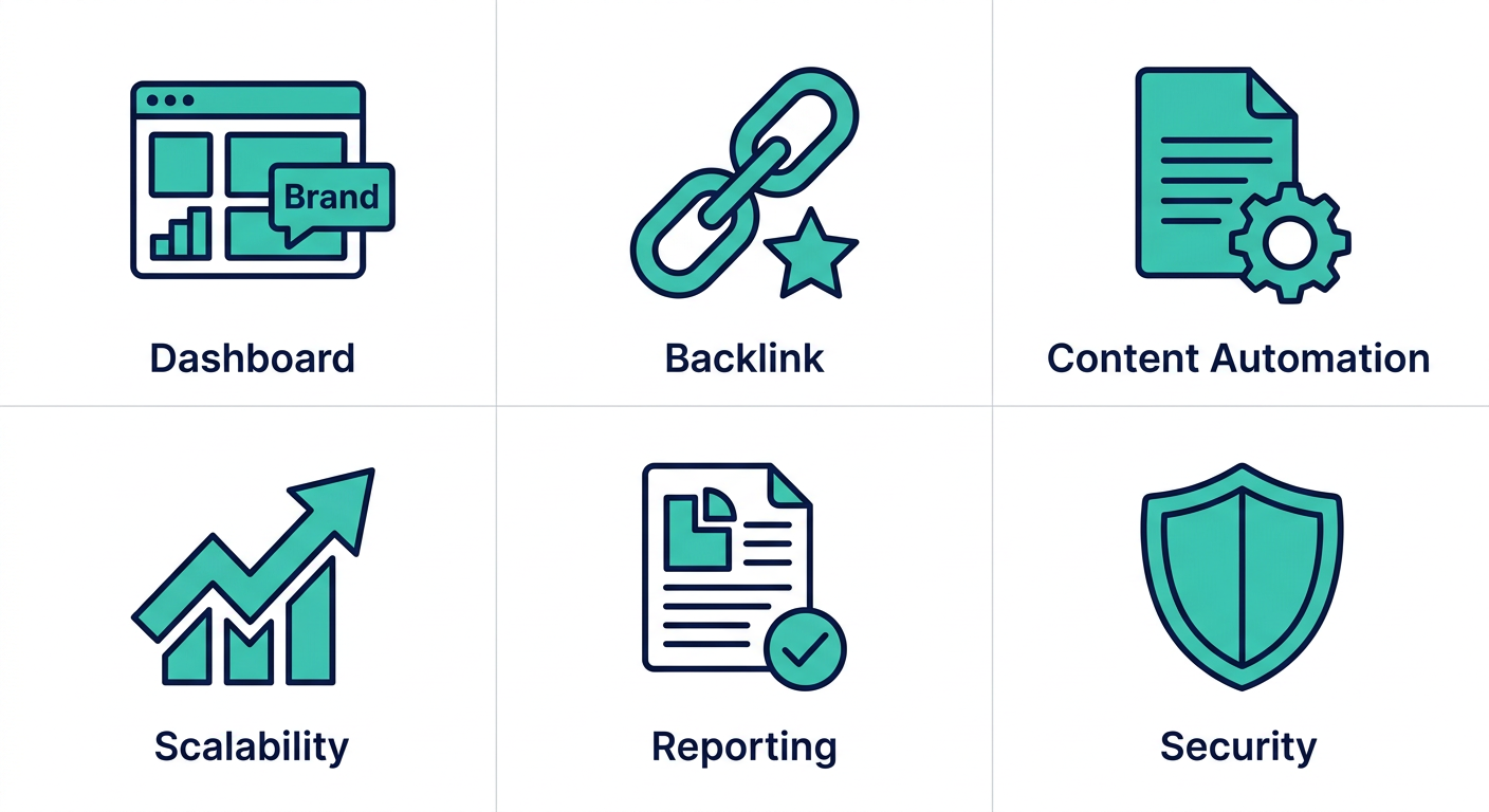 Six icon grid for white-label SEO platform evaluation, including dashboard, backlinks, content automation, scalability, reporting, and security icons with labels.