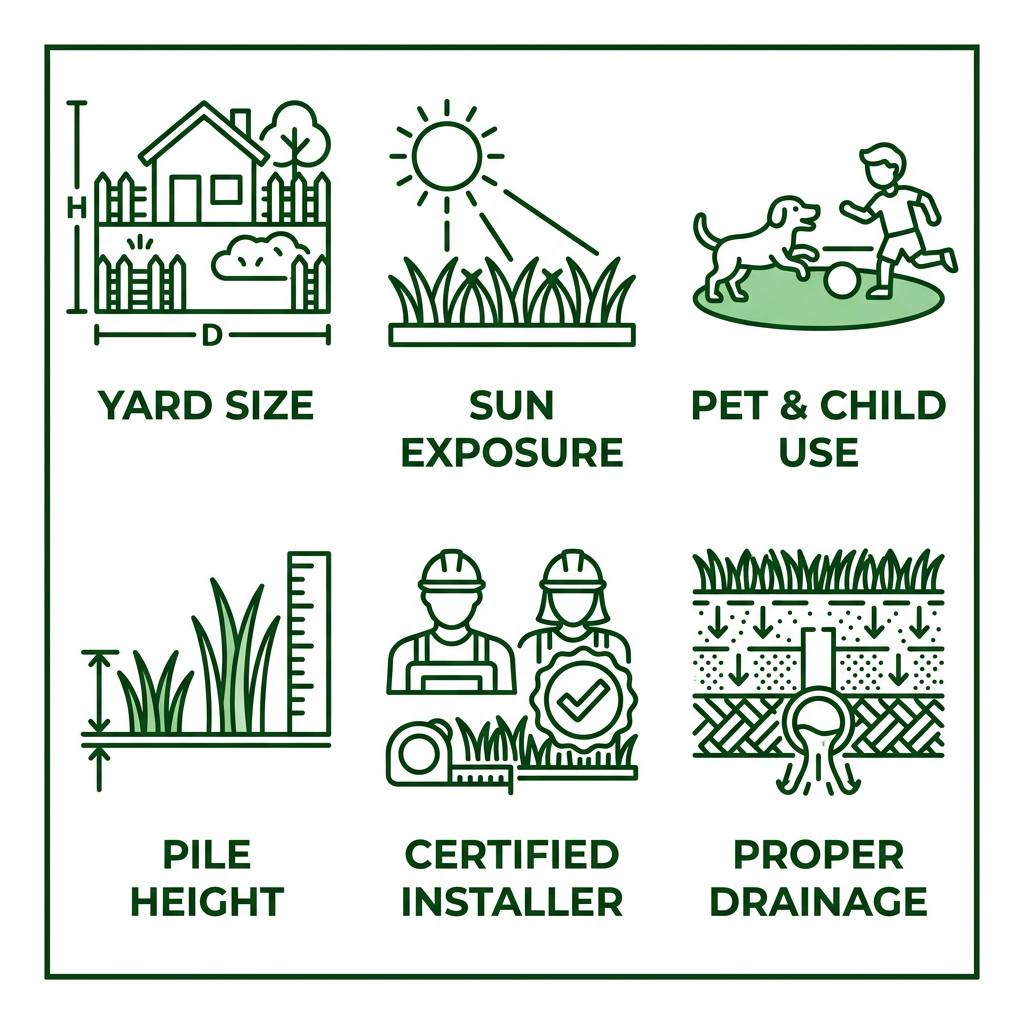 Landscape design icon set showing six key factors for selecting artificial grass in Surrey, British Columbia.