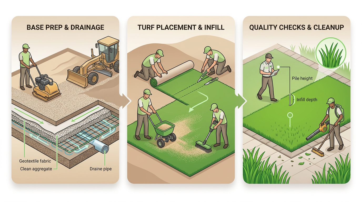 Three-stage horizontal process flow for artificial grass installation showing base preparation, turf placement, and quality checks with minimalist icons and earthy green palette.