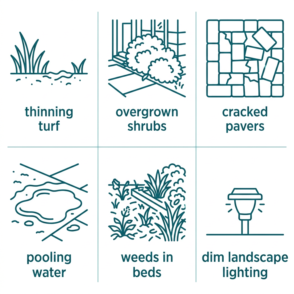 Grid of six outlined icons for common strata landscaping issues: thinning turf, overgrown shrubs, cracked pavers, pooling water, weeds in beds, and dim landscape lighting, all in teal on white.