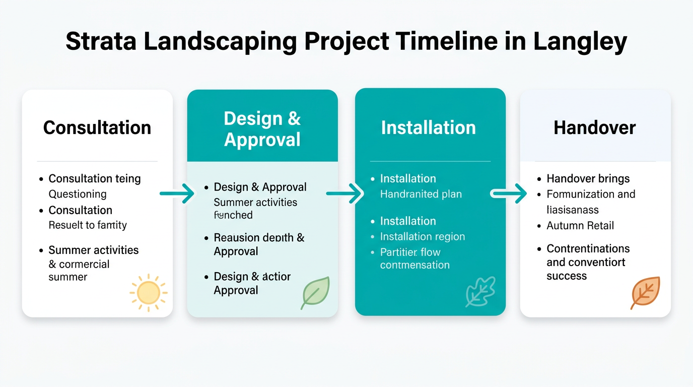 Diagram of a four-step process for Langley strata landscaping projects from consultation to final handover.
