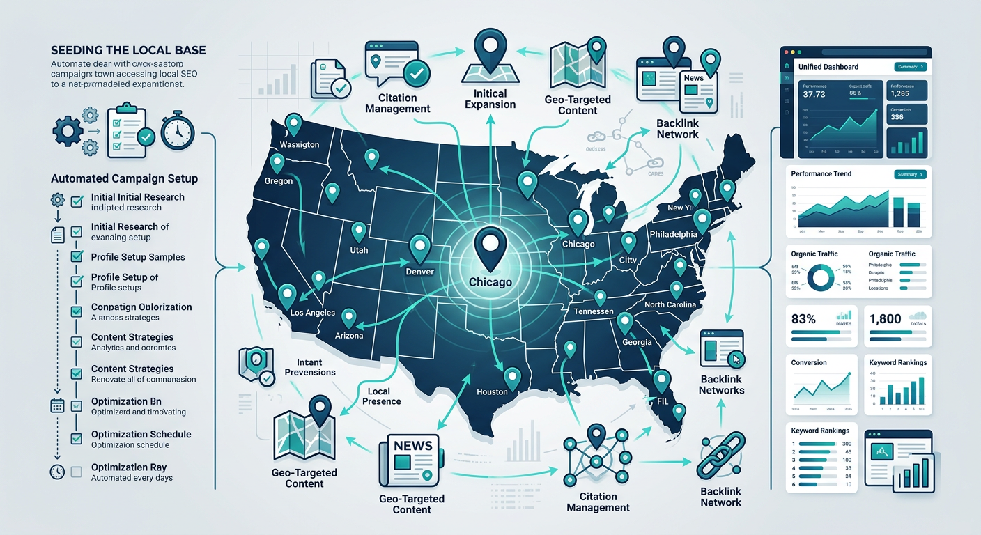 Infographic illustrating how agencies scale local SEO campaigns from one city to multiple national locations with connecting lines, automation checklist, and unified dashboard.