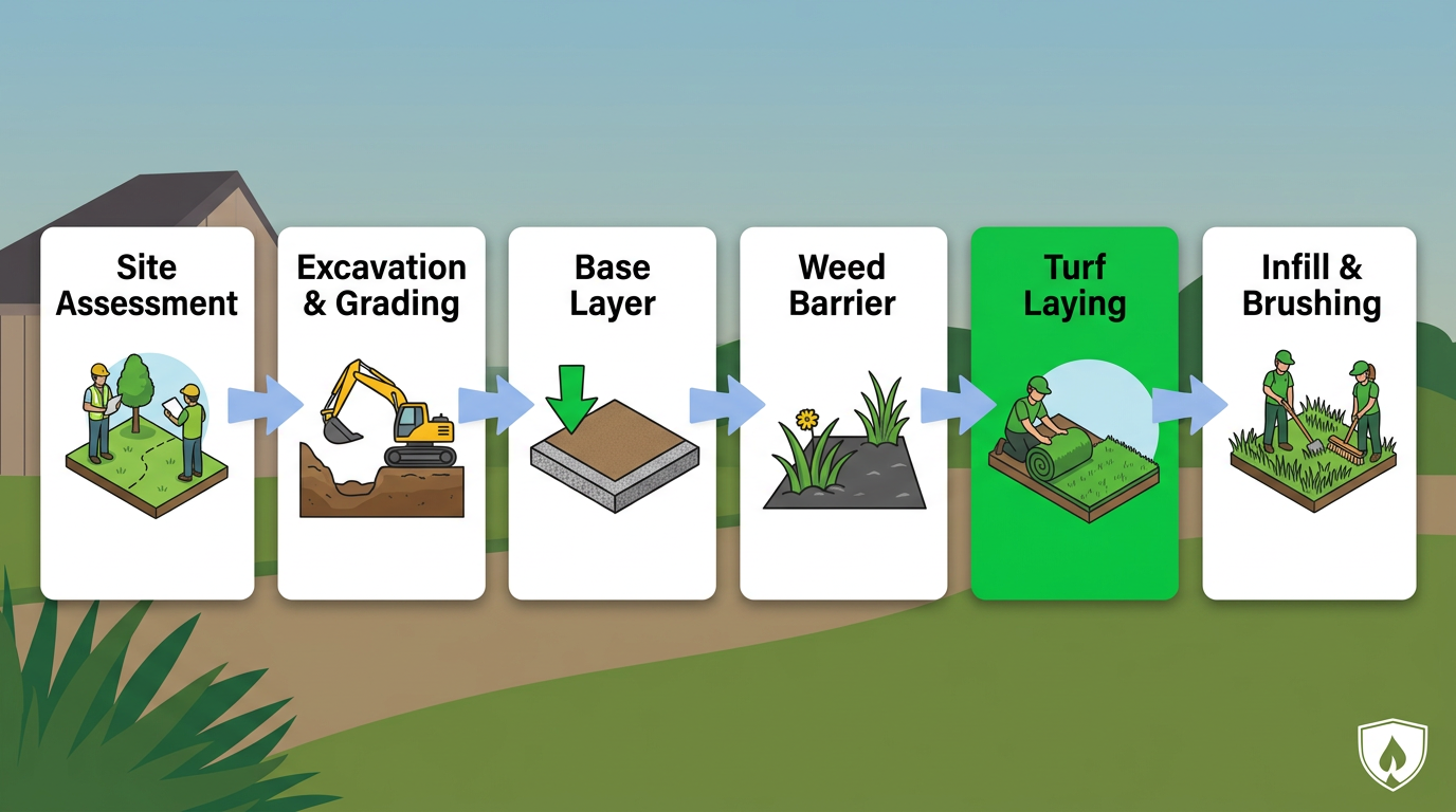 Six-step process flow for professional artificial grass installation: Site Assessment, Excavation & Grading, Base Layer, Weed Barrier, Turf Laying, Infill & Brushing, with green to blue gradient arrows.