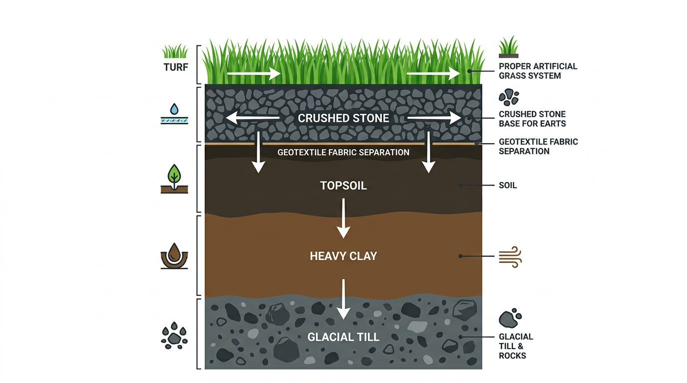 Langley soil cross-section showing topsoil, clay, glacial till with artificial grass base layers including crushed stone, geotextile fabric, and turf, with drainage arrows