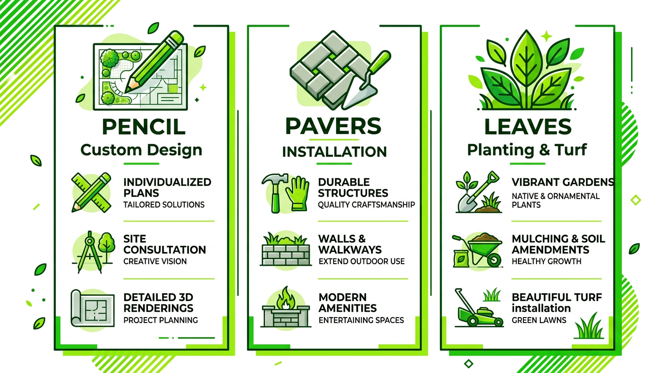 Infographic comparing three landscaping project types: custom design, hardscape installation, and planting with turf.
