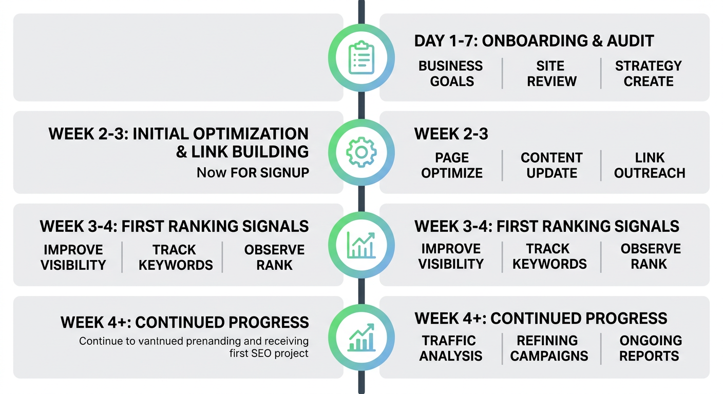 Vertical timeline showing four phases from signup to first results with milestone icons and professional gradient color scheme