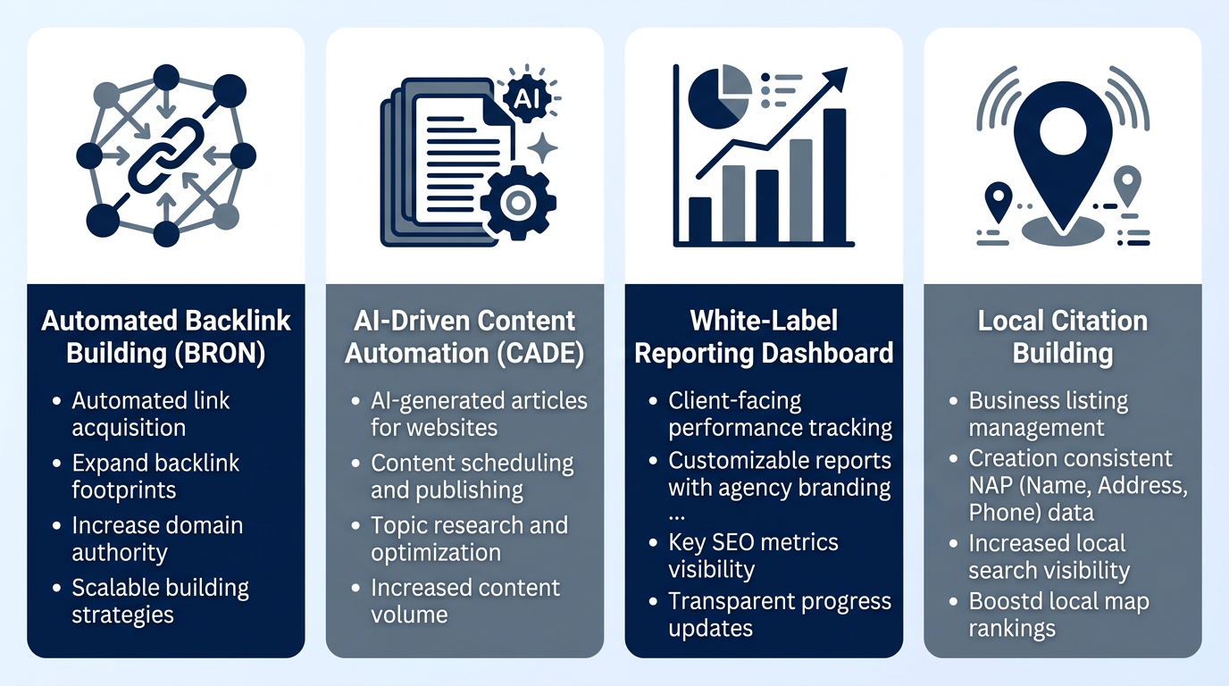 Infographic of white label SEO services: automated backlinks, AI content, white-label reporting, and local citations