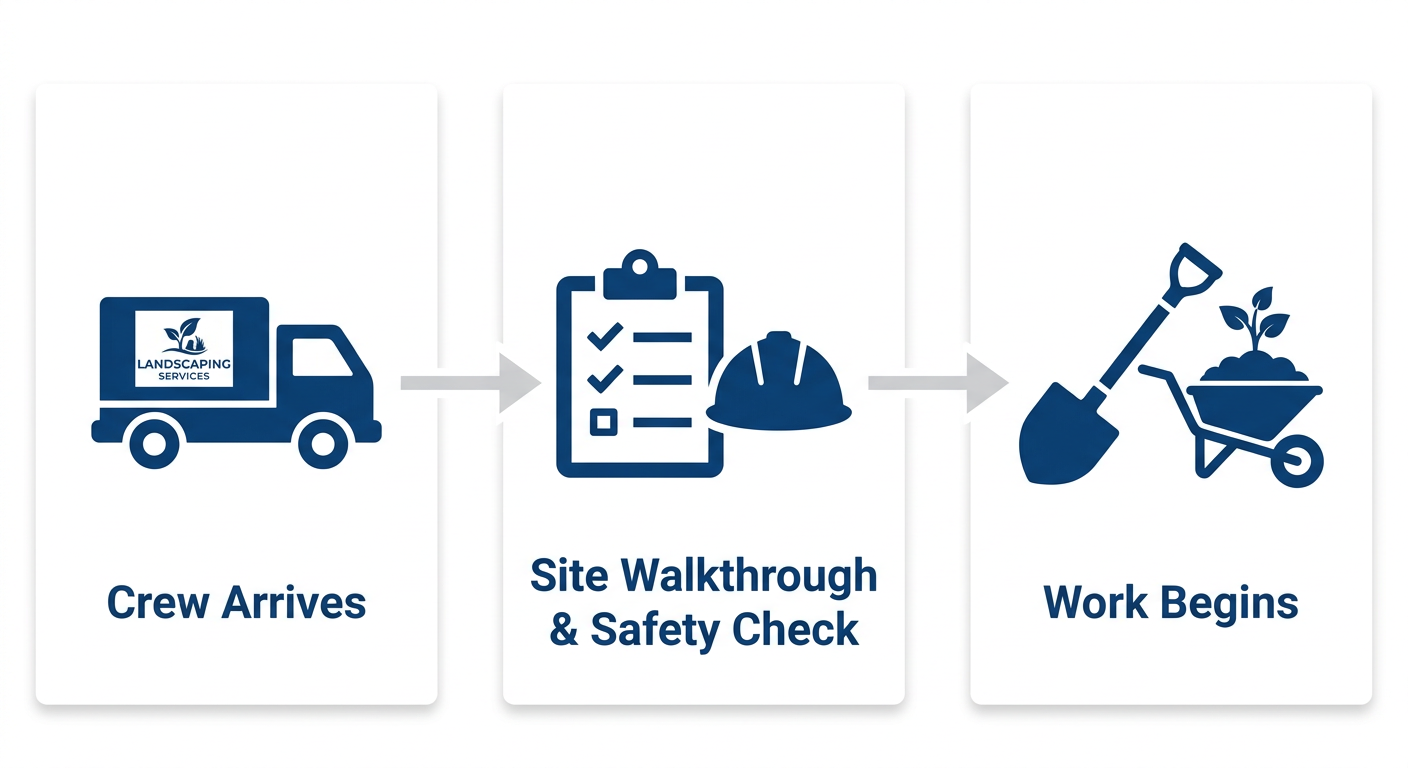 Three-step landscaping process flow showing Crew Arrives, Site Walkthrough and Safety Check, and Work Begins with clean blue and white design.