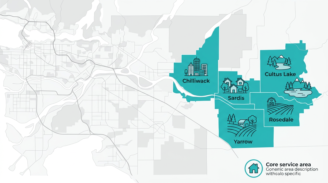 Infographic map highlighting five service areas in the Lower Mainland and Fraser Valley in teal on white background