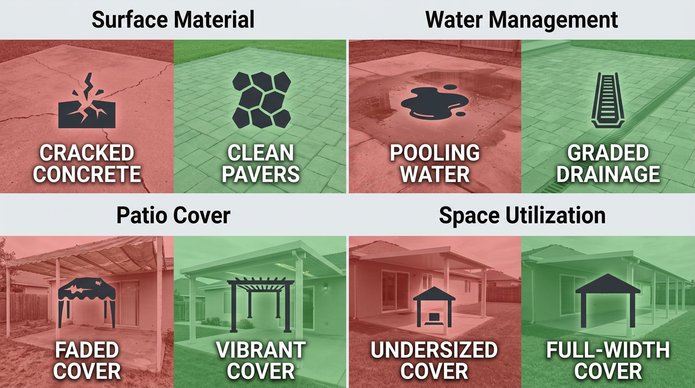 Visual comparison infographic showing patio and cover problems vs. Hughes Landscaping solutions in four quadrants