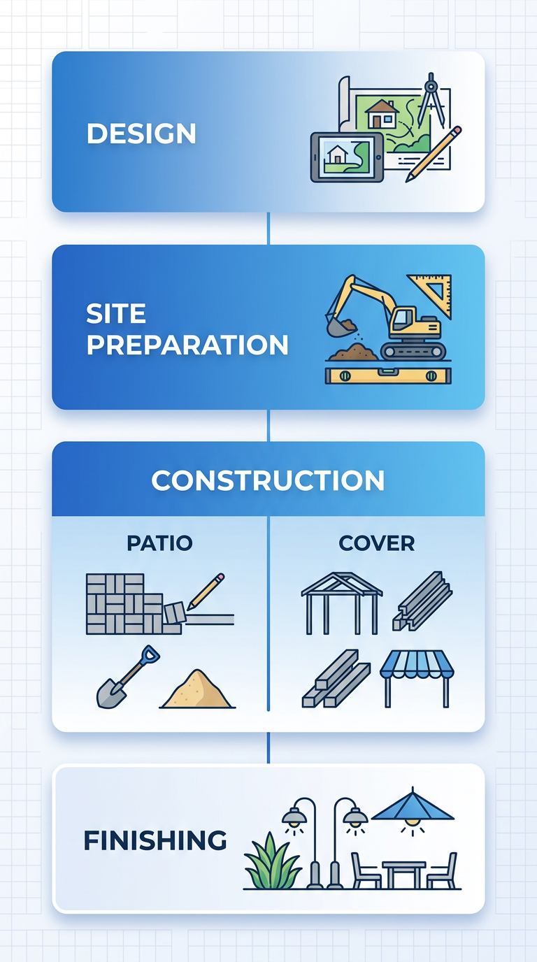Process flow showing the 4 stages of patio and cover installation: Design, Site Preparation, Construction, Finishing