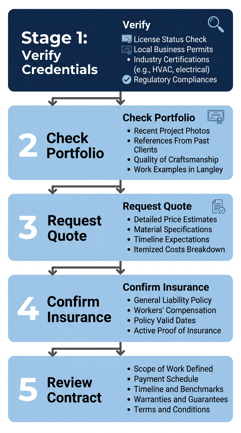 Five-step vertical process flow for vetting a patio installer, from verifying credentials to reviewing the contract.