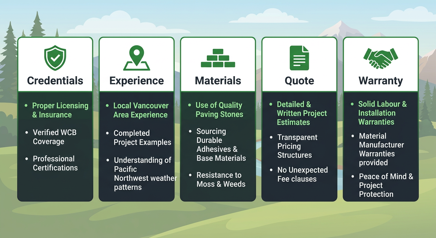 Infographic with five cards for evaluating patio installers in Langley, each with an icon and label