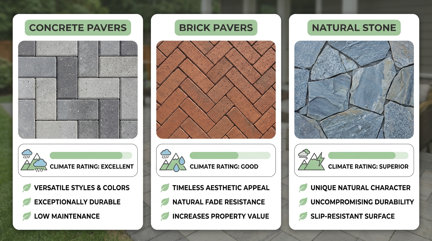 Infographic comparing concrete, brick, and natural stone paver materials for patios in Chilliwack, showing material samples, benefits, and climate suitability ratings.