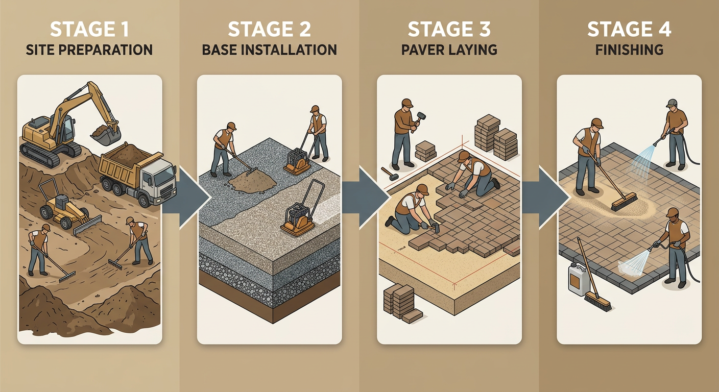 Professional paver installation process flow diagram with four stages: Site Preparation, Base Installation, Paver Laying, and Finishing. Earth-tone colour palette reflecting natural stone and aggregate materials.