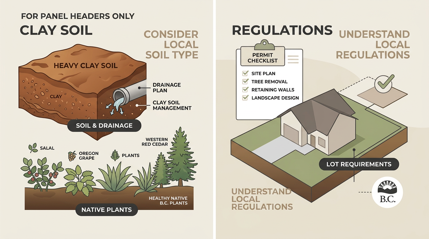 Two-panel infographic showing Langley-specific landscape design factors: clay soil and drainage on the left, house lot with permit checklist and BC government mark on the right.