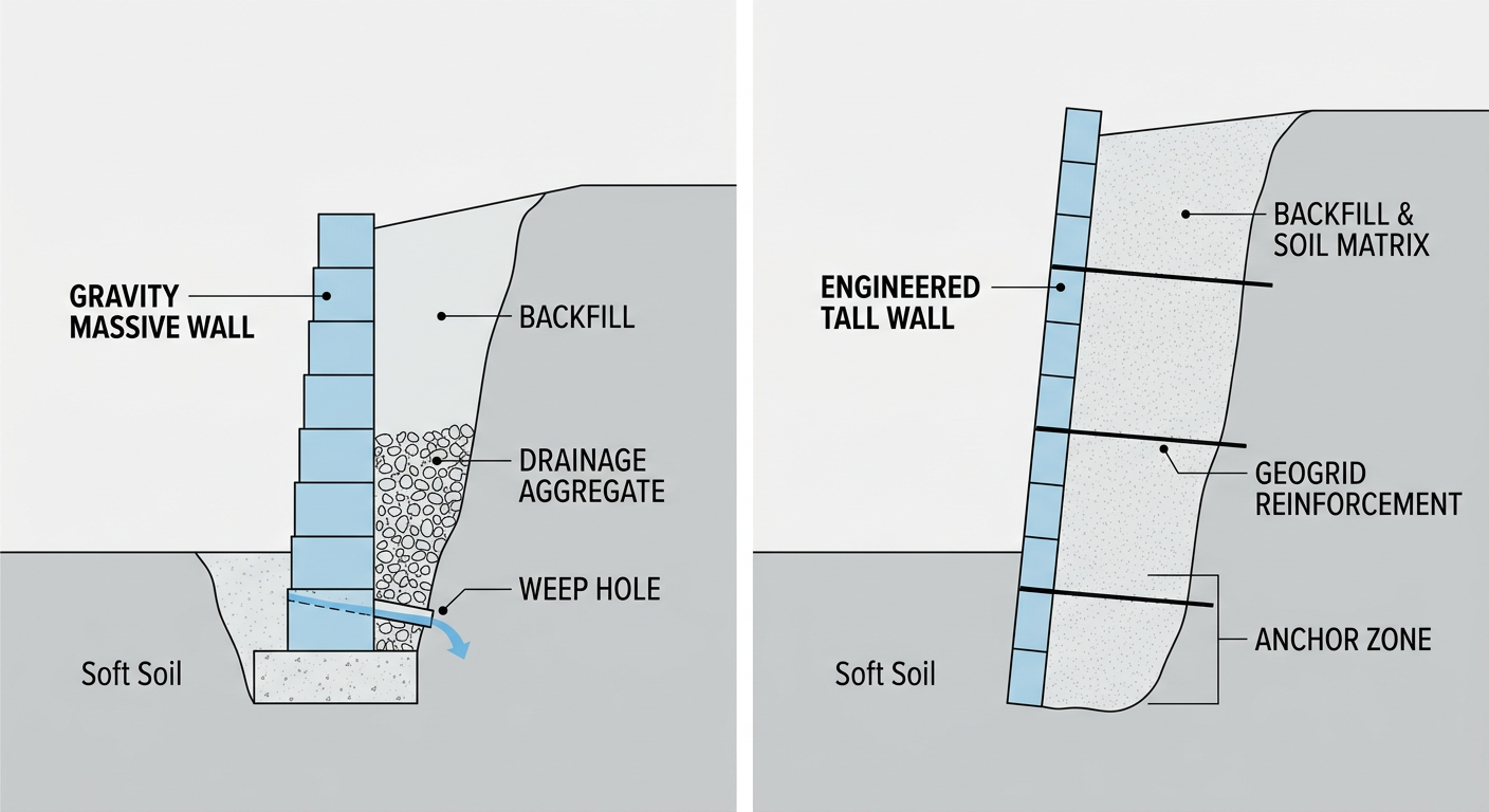 Side-by-side comparison of gravity retaining wall and engineered retaining wall with geogrid reinforcement, showing construction differences.
