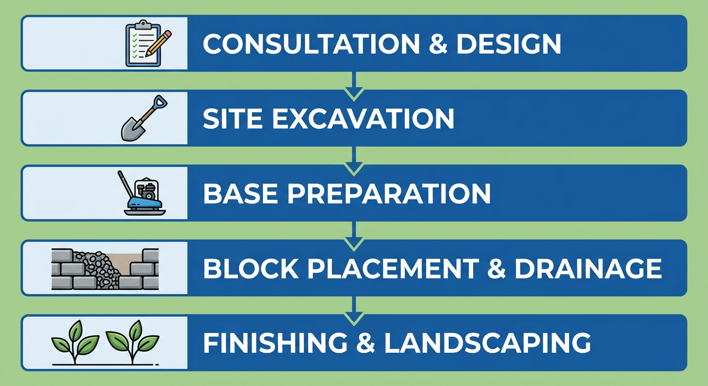 Five-stage vertical process flow for retaining wall installation in Langley, starting with consultation and design, then site excavation, base preparation, block placement and drainage, and finishing with landscaping.