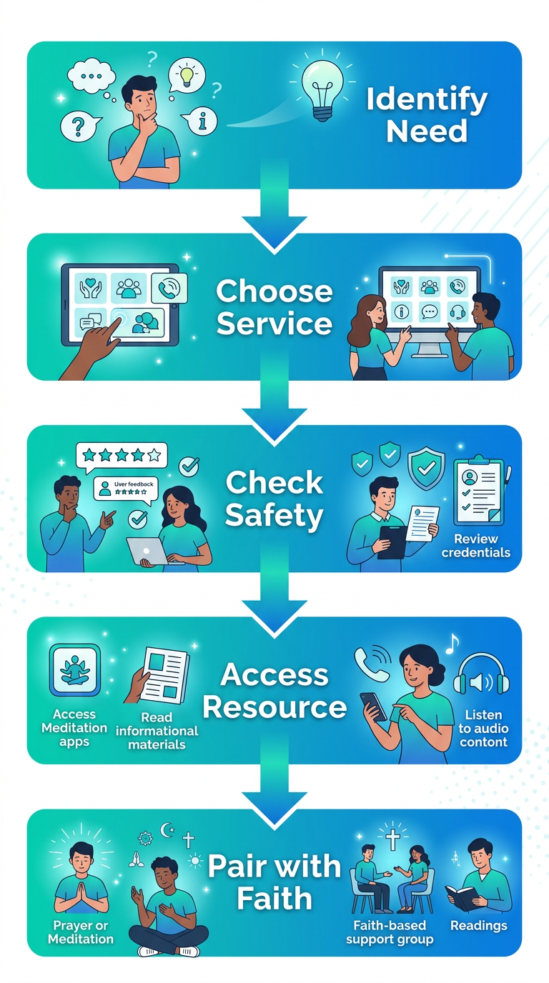 Vertical process flow diagram in five stages: Identify Need, Choose Service, Check Safety, Access Resource, Pair with Faith.
