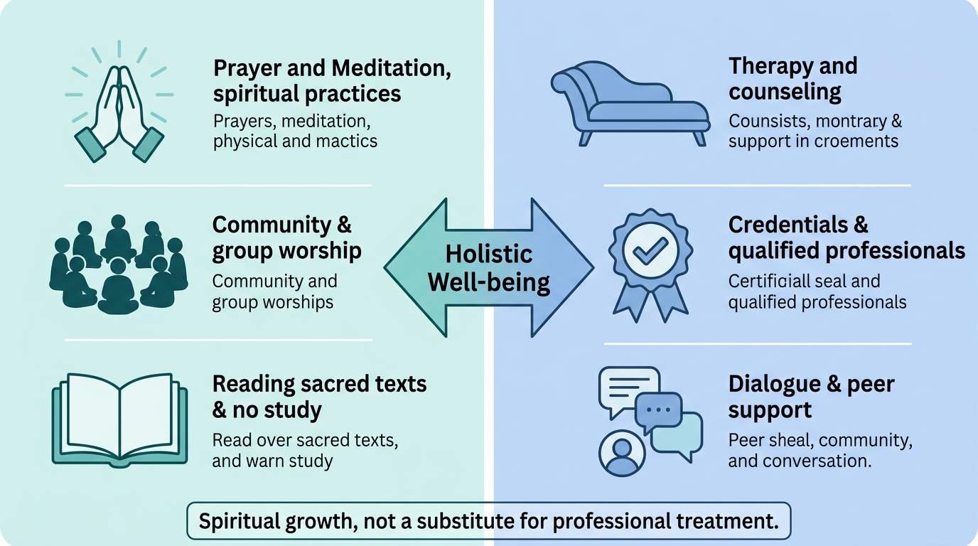 Infographic comparing spiritual practices and mental health support icons with connecting arrow and disclaimer
