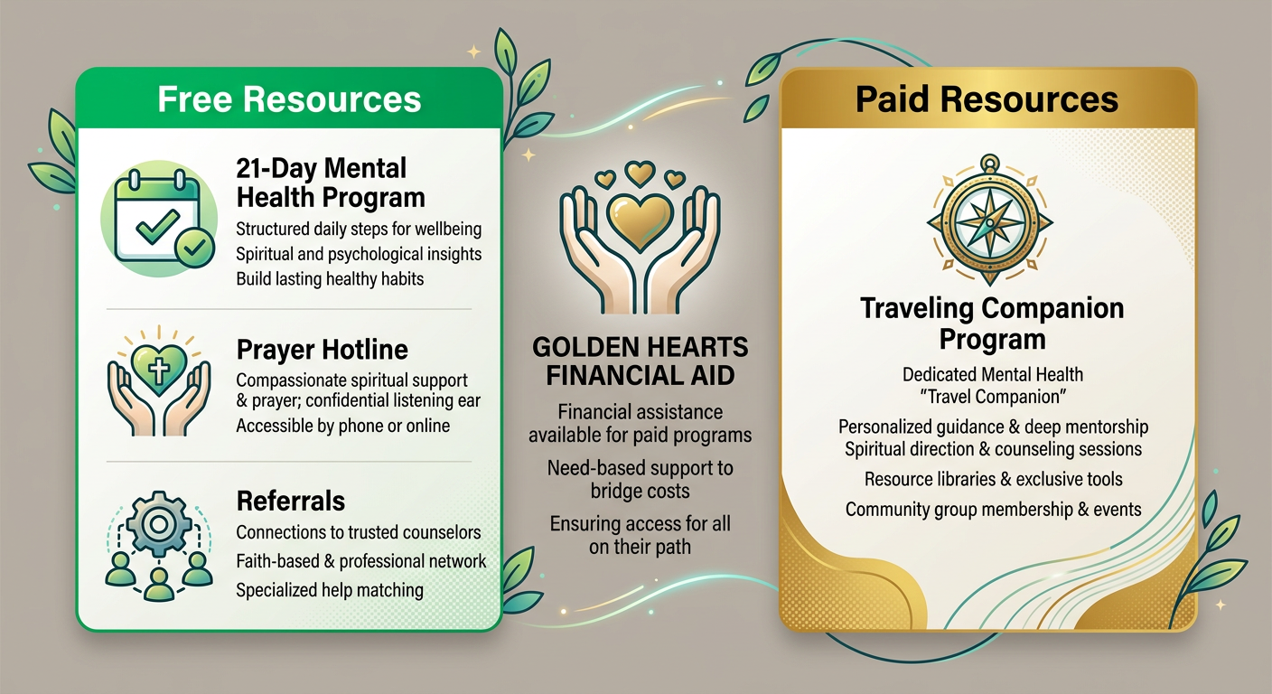 Infographic comparing free and paid mental health resources from Path to a Better Life, including free 21-day program and paid Traveling Companion membership.