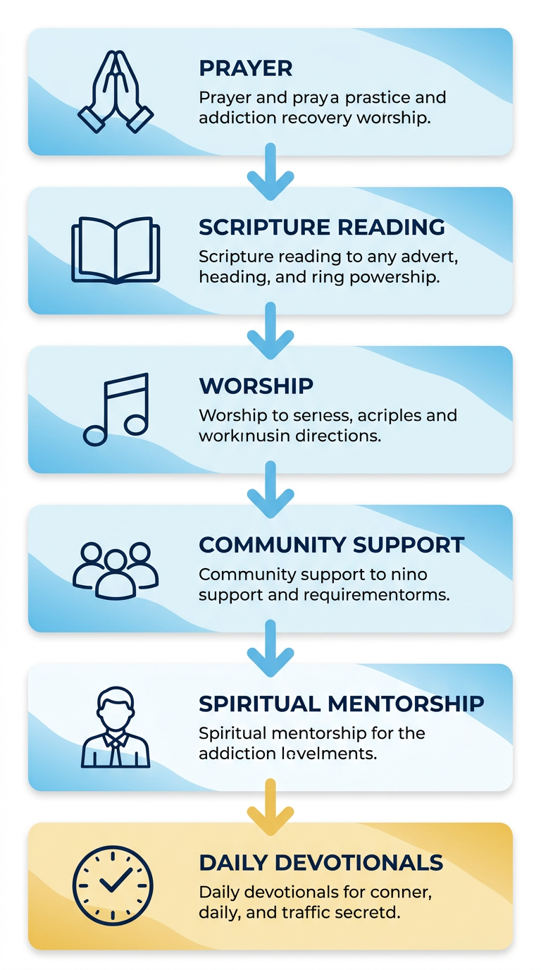 Vertical process flow diagram of a faith-based addiction recovery program. Six stages: Prayer, Scripture Reading, Worship, Community Support, Spiritual Mentorship, Daily Devotionals. Connected by downward arrows.